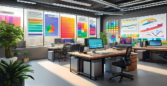 A bright and modern office workspace with a wooden desk, laptop, colorful charts, and potted plants, illuminated by natural light.