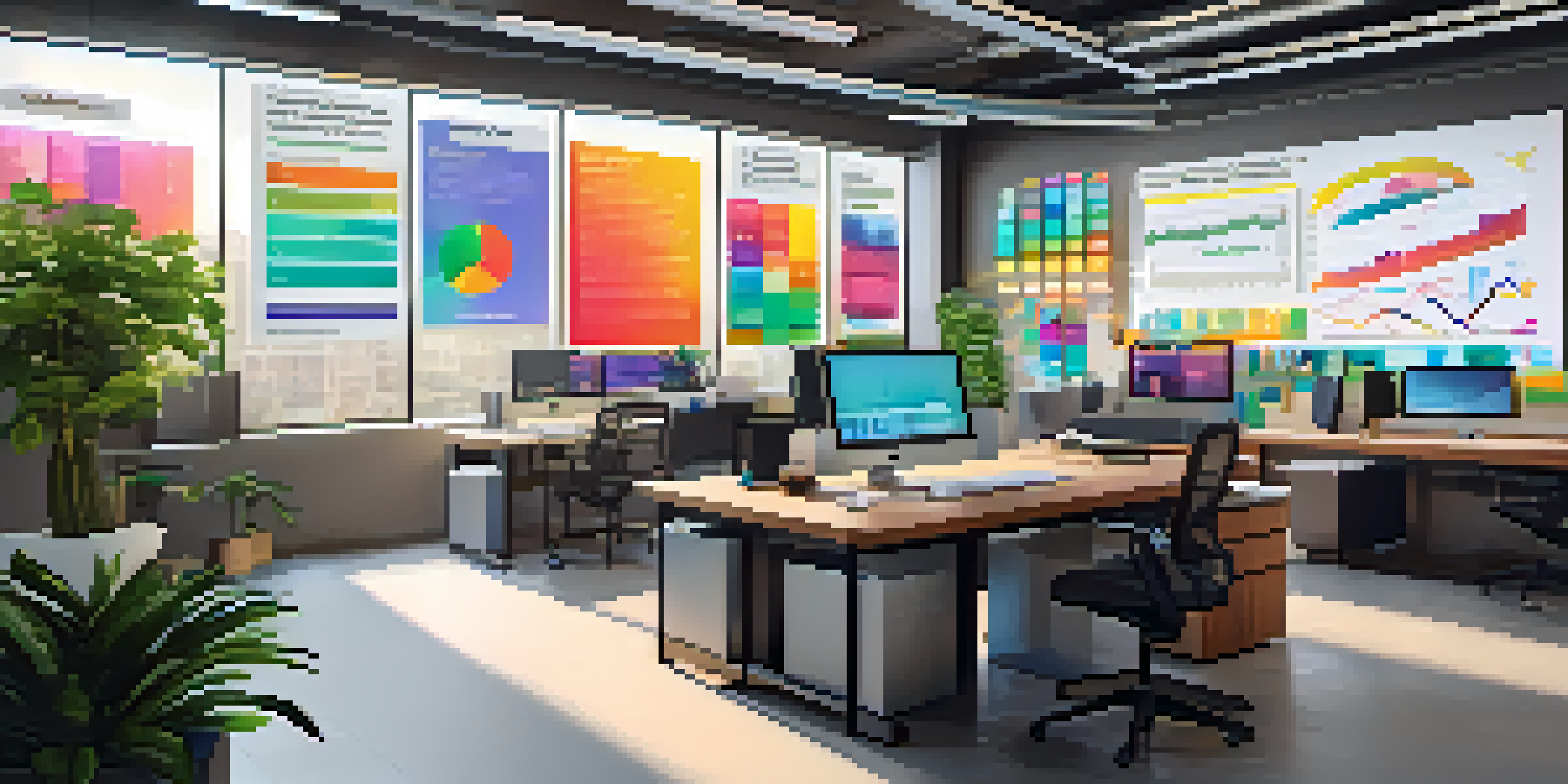 A bright and modern office workspace with a wooden desk, laptop, colorful charts, and potted plants, illuminated by natural light.