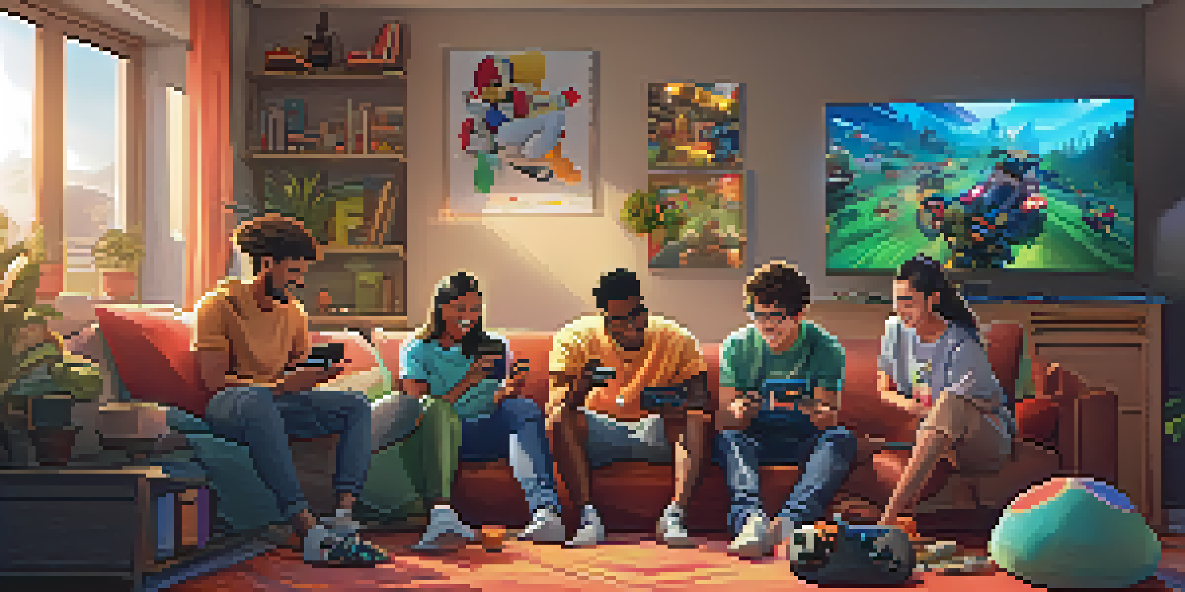 A diverse group of gamers in a cozy living room, enjoying cloud gaming on various devices like tablets and smartphones, with a large TV displaying a colorful game interface.