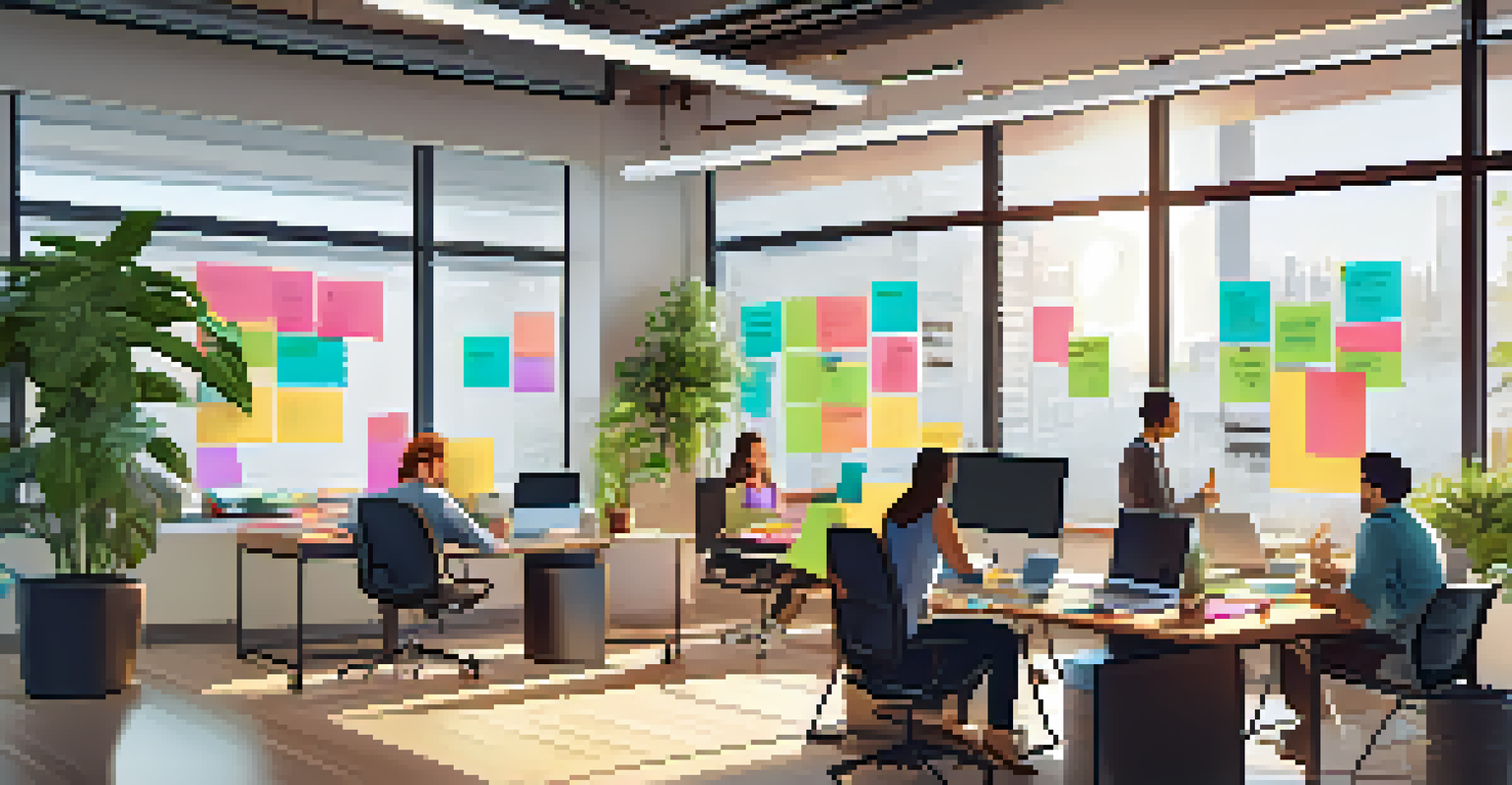 A diverse group of employees collaborating in a bright office, with digital tools and greenery around them.