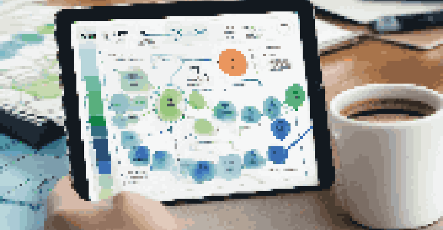 Close-up of a digital tablet displaying a user journey map, with highlighted sections in a blurred office background.