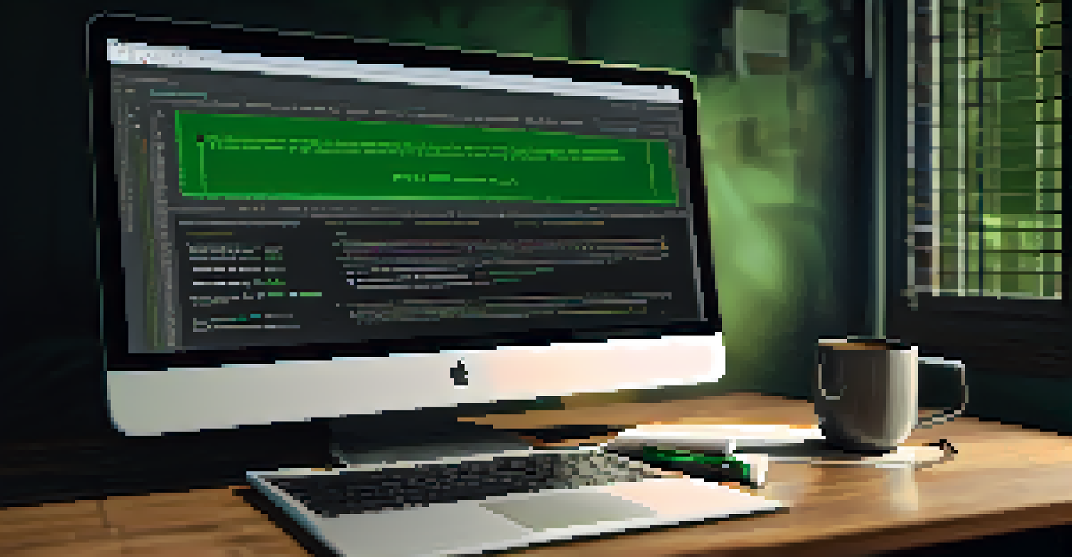 A close-up of a computer screen showing successful automated testing results with a cozy desk setting.