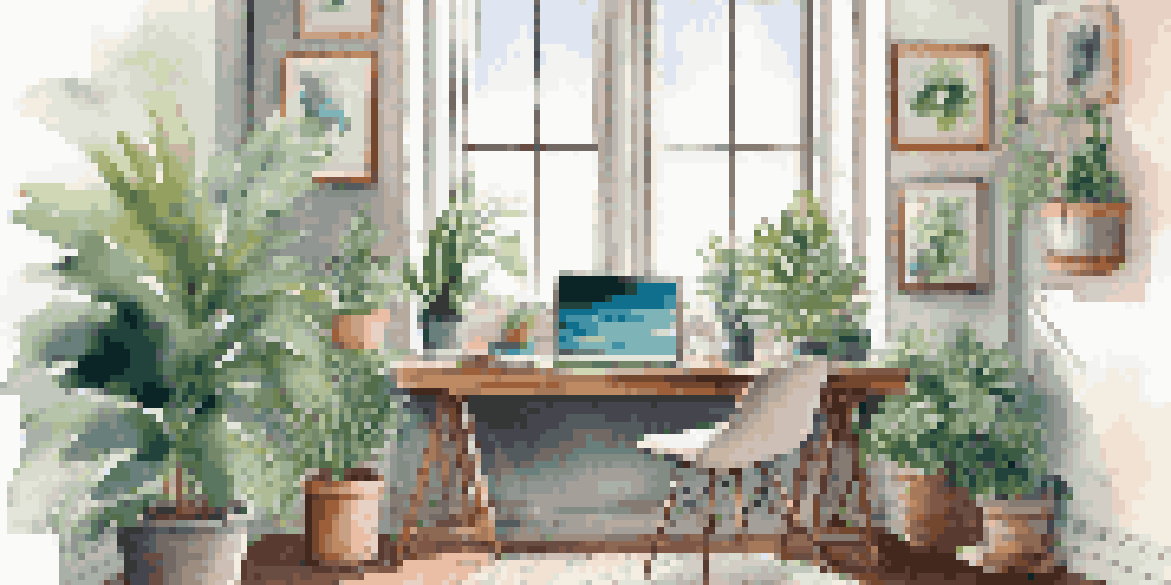 A modern workspace with a laptop on a sleek desk, natural light, potted plants, and colorful abstract art on the walls.