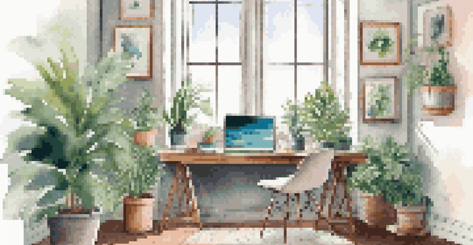 A modern workspace with a laptop on a sleek desk, natural light, potted plants, and colorful abstract art on the walls.