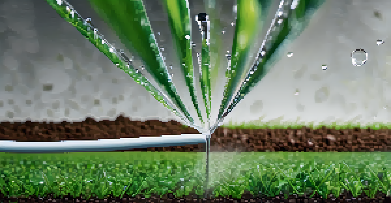 A smart irrigation system with moisture sensors in soil, watering green plants, while a digital display shows moisture and temperature.
