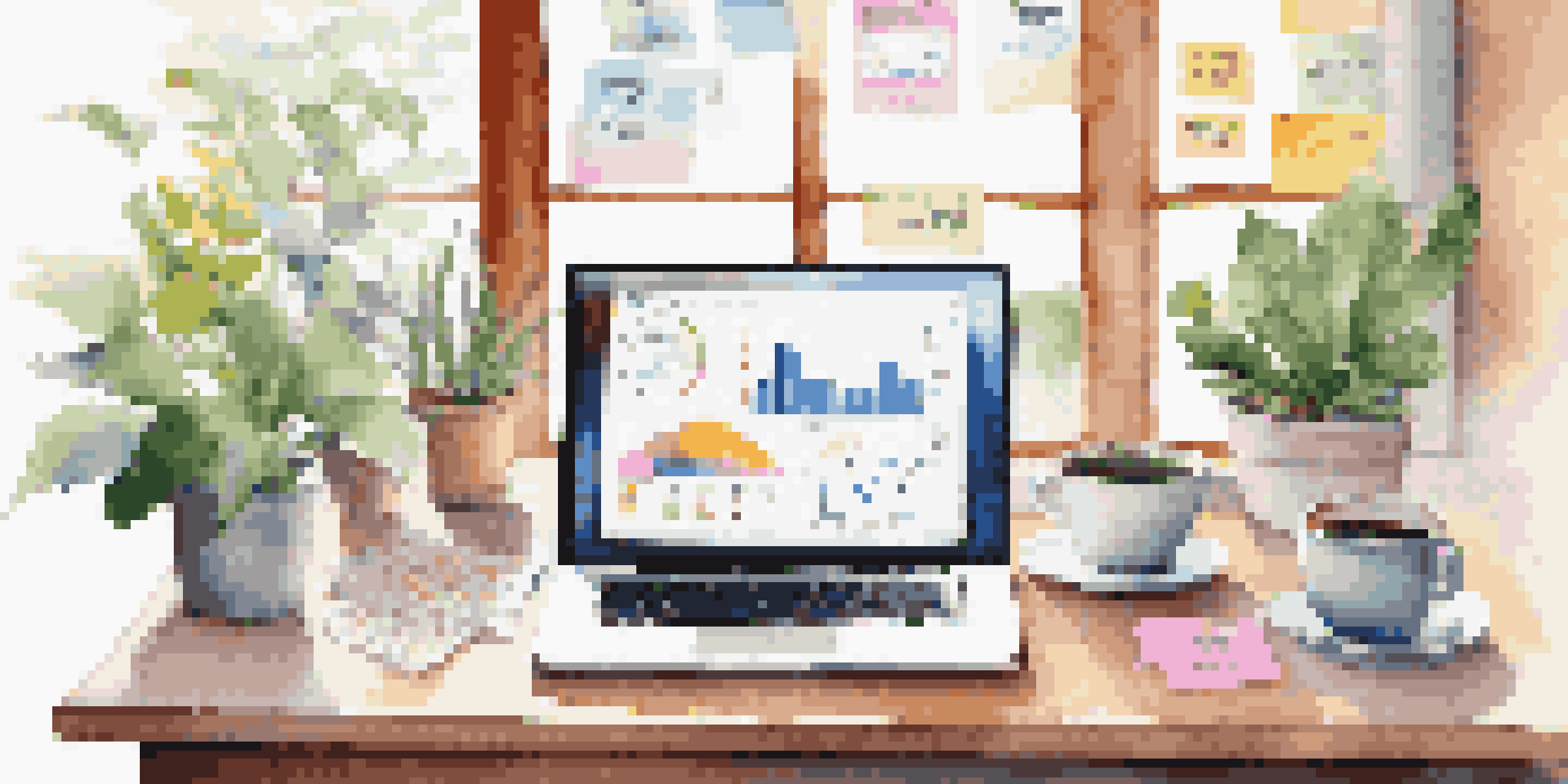 A digital workspace with a laptop showing social media analytics, colorful notes, a coffee cup, and a plant, illuminated by natural light.