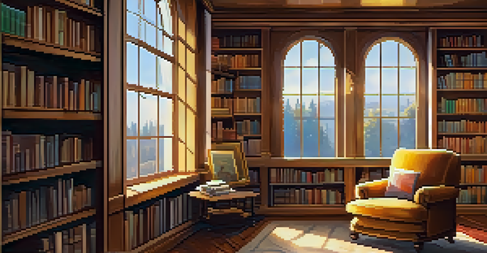 A cozy library filled with books and a reading nook bathed in warm sunlight.