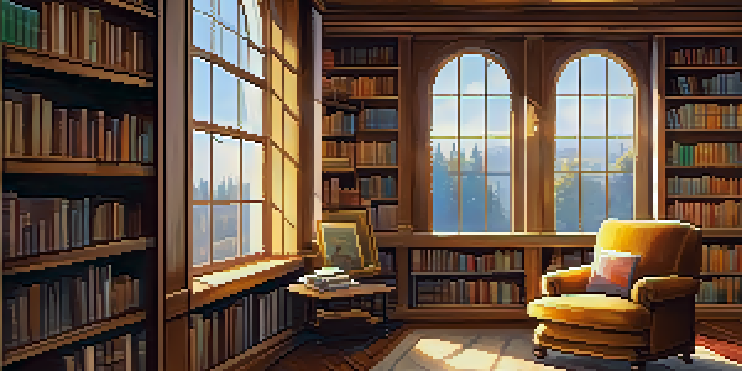 A cozy library filled with books and a reading nook bathed in warm sunlight.