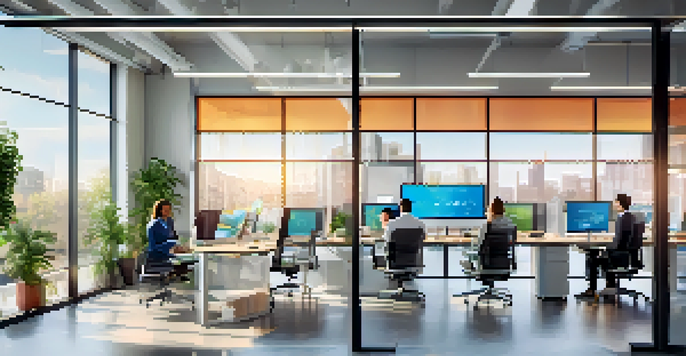 A bright office with diverse professionals analyzing data together on digital screens, surrounded by modern decor and plants.