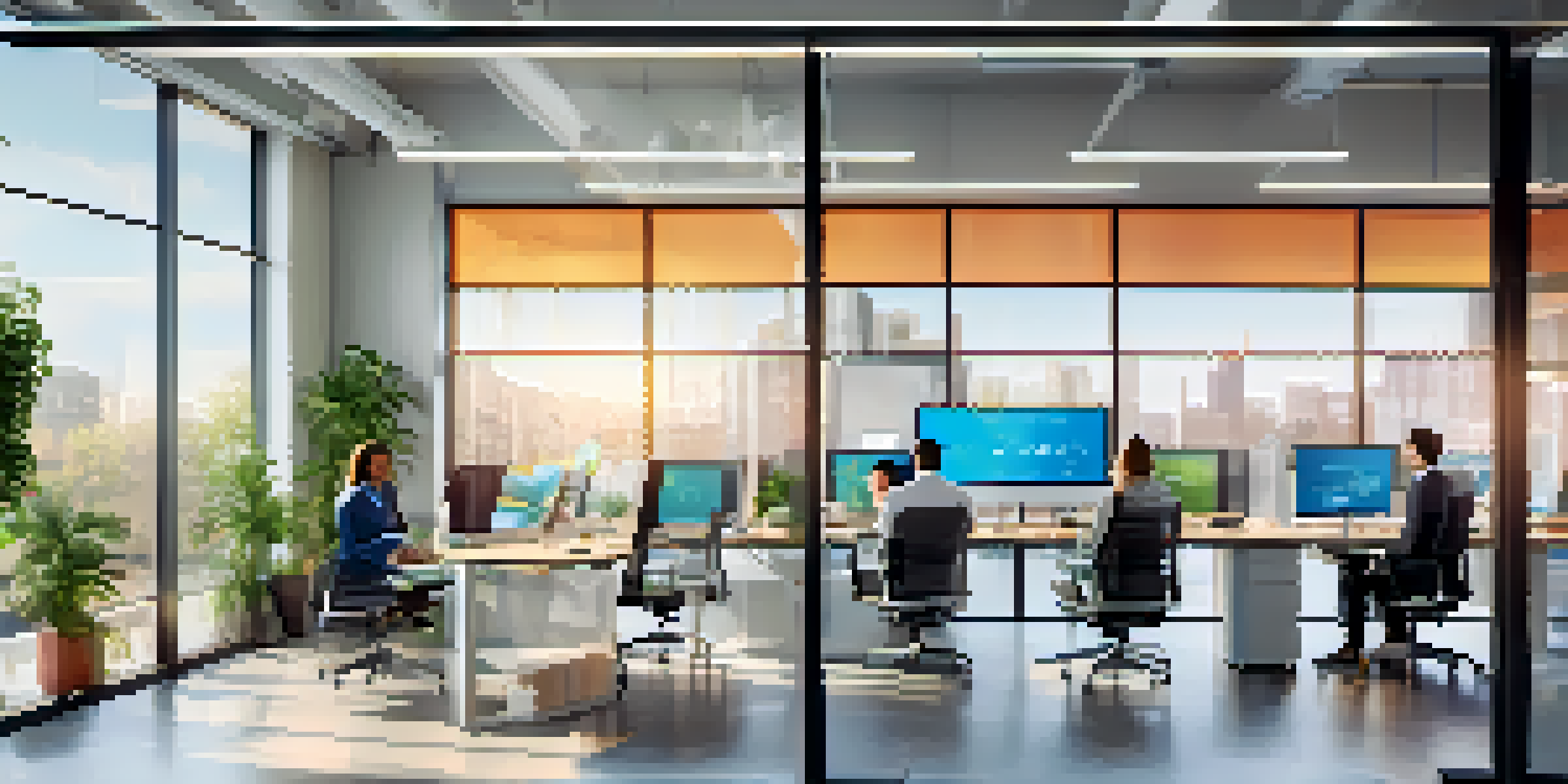 A bright office with diverse professionals analyzing data together on digital screens, surrounded by modern decor and plants.