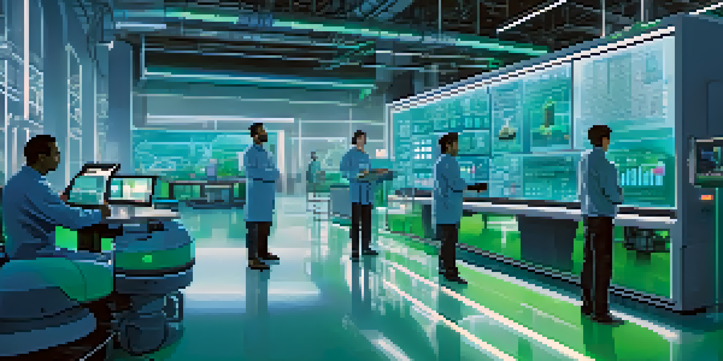 A modern factory filled with machines that have glowing sensors, with workers using digital screens to analyze data.