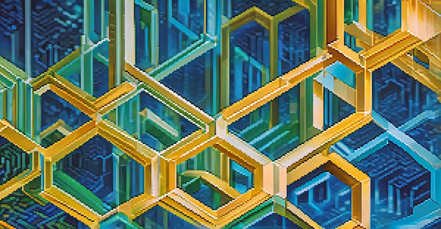 Close-up of a blockchain ledger with interconnected blocks in blue, green, and gold colors, representing digital transactions.