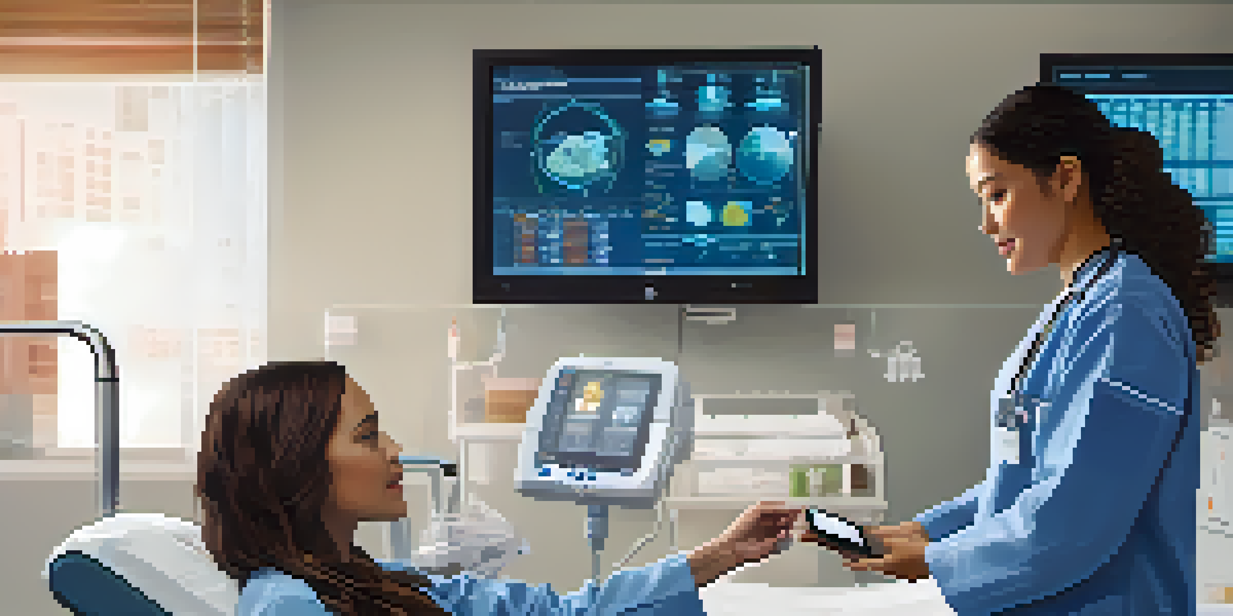 A nurse using a digital remote monitoring device to check a patient's vital signs in a modern healthcare environment.
