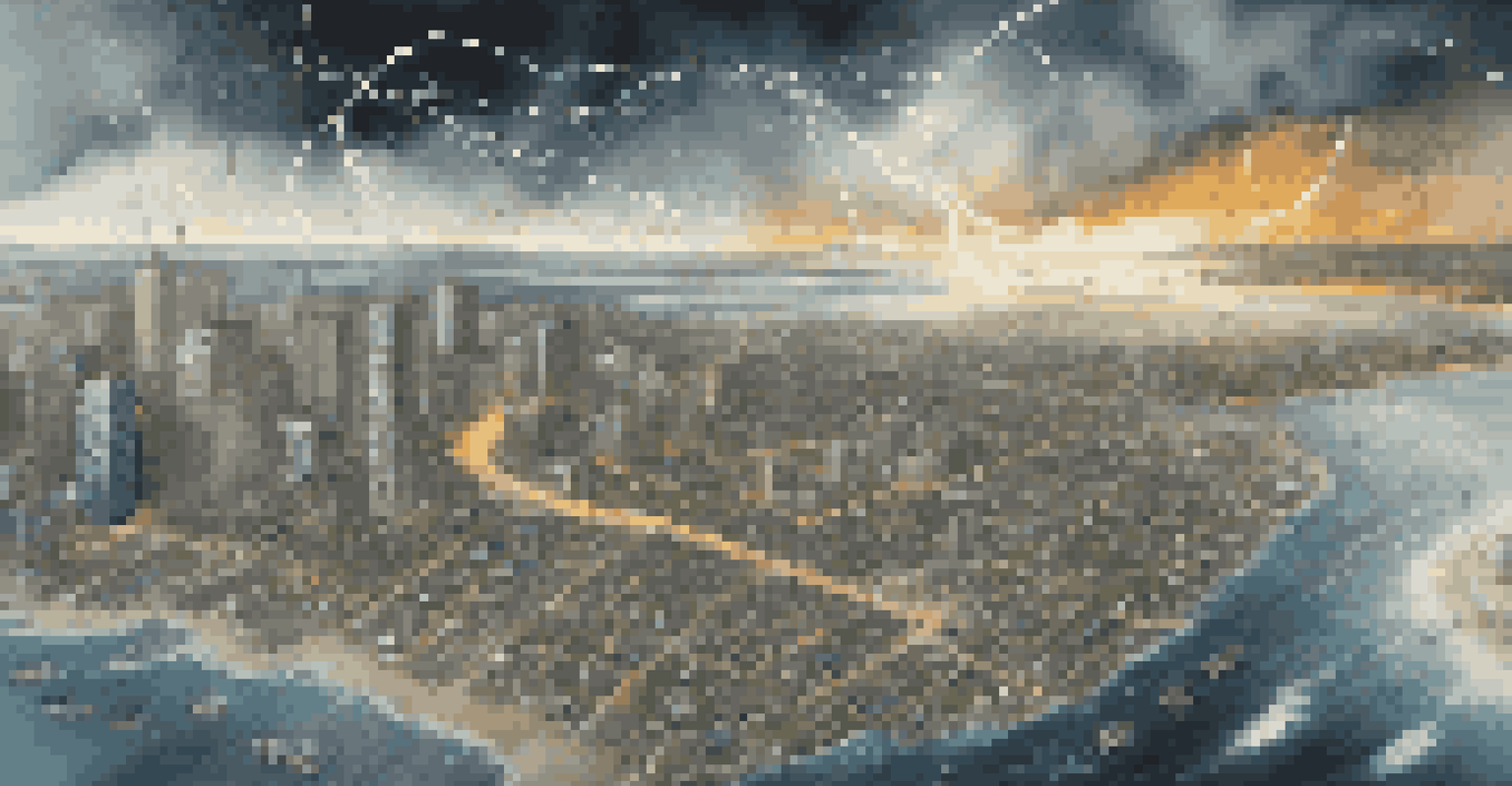 Aerial view of a coastal city during a hurricane forecast with data overlays predicting flooding and wind speeds.
