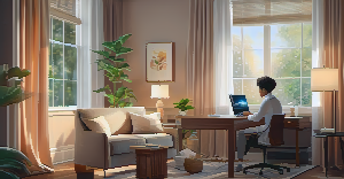 A person sitting in a cozy home office, having a telemedicine consultation on a laptop with a warm, inviting atmosphere.