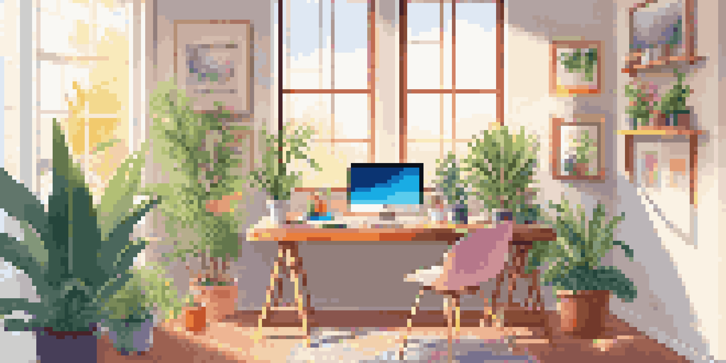 A modern, bright workspace with a laptop displaying a website, surrounded by plants and colorful stationery under soft sunlight.
