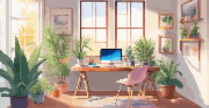 A modern, bright workspace with a laptop displaying a website, surrounded by plants and colorful stationery under soft sunlight.