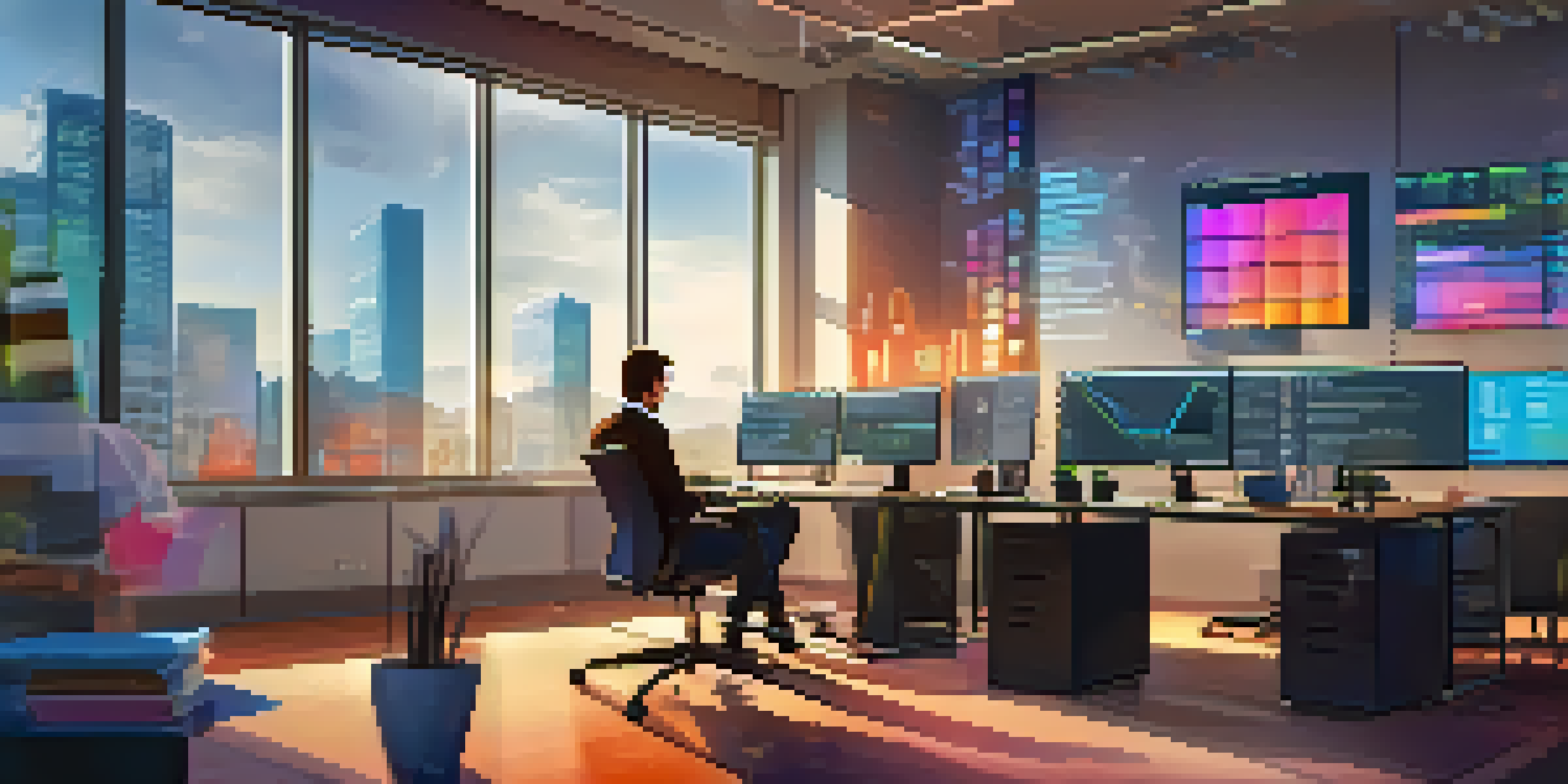 A developer working in a modern office, focused on a monitor with analytics related to API management, surrounded by coding books and a coffee cup.