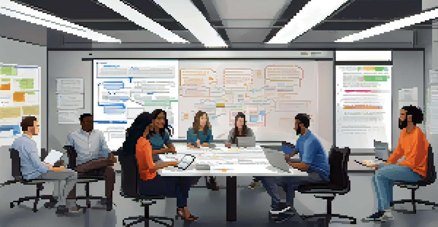 A diverse group of software developers working together at a table with laptops and project documents, discussing their Waterfall methodology.