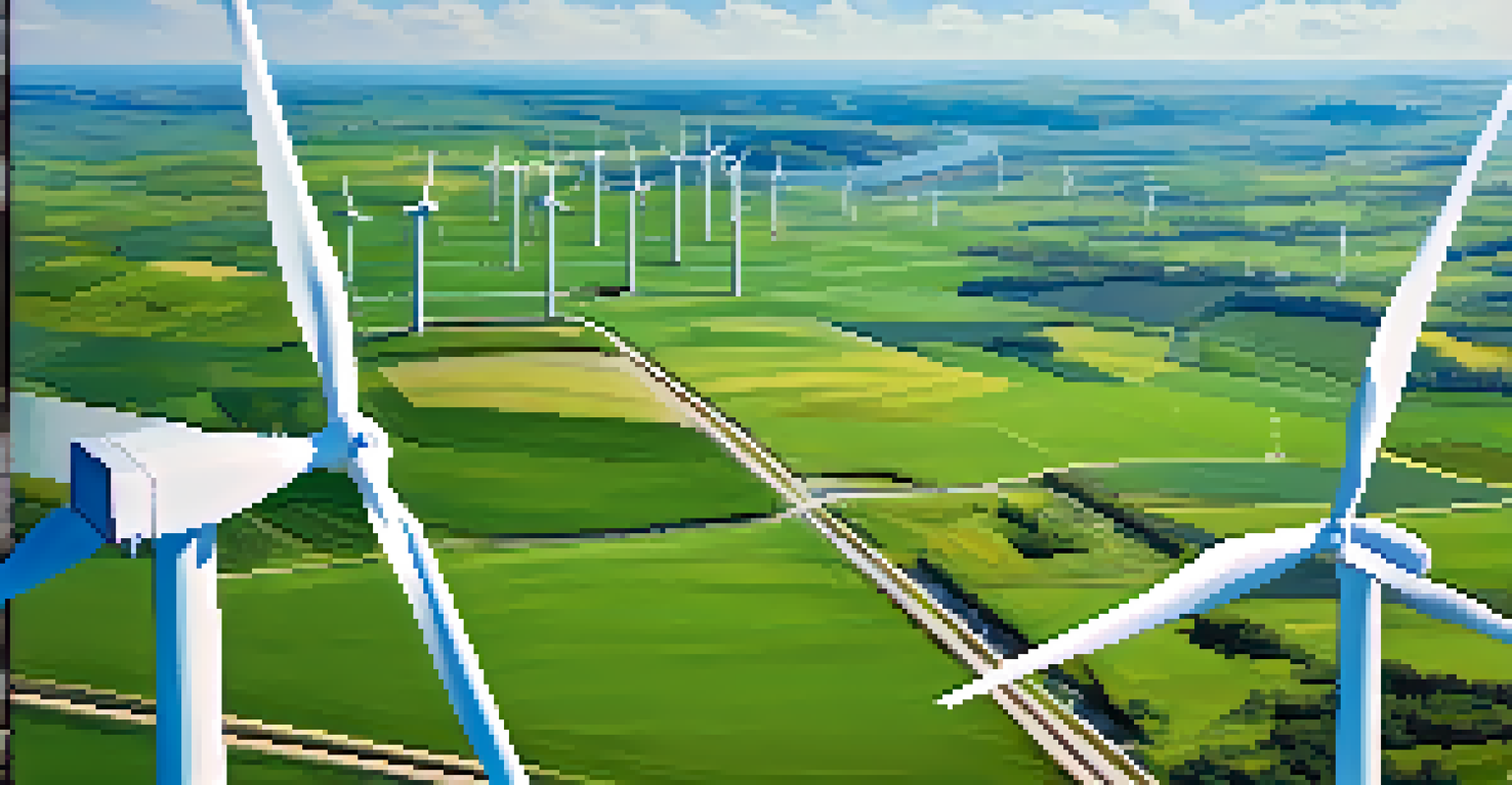 An aerial view of a wind farm with wind turbines and data visualizations showing energy output and performance analytics against a blue sky.