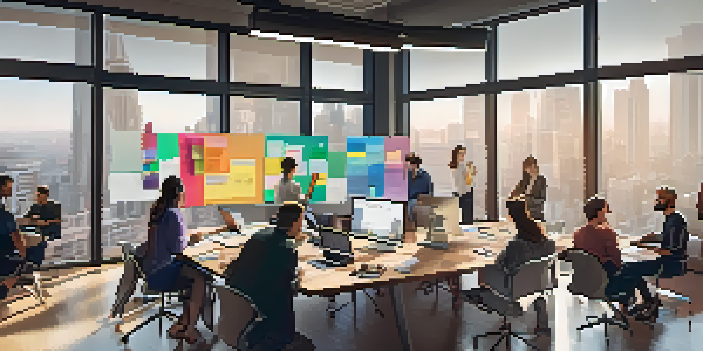 A group of diverse professionals collaborating in a modern workspace, focused on a large screen showing a low-code development interface.