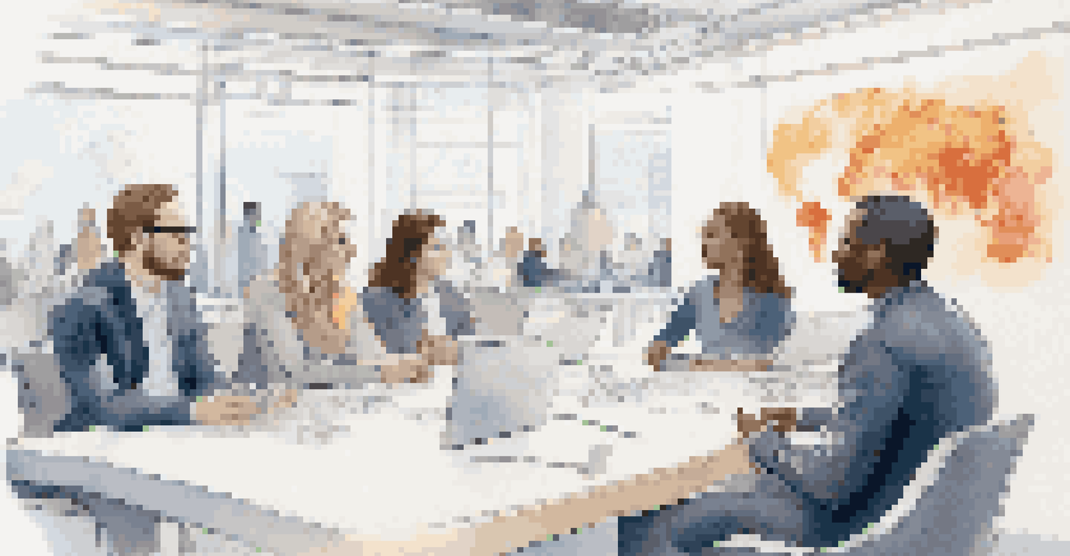A diverse group of people in a conference room discussing the ethical implications of AI and human enhancement technologies, with screens showing data.