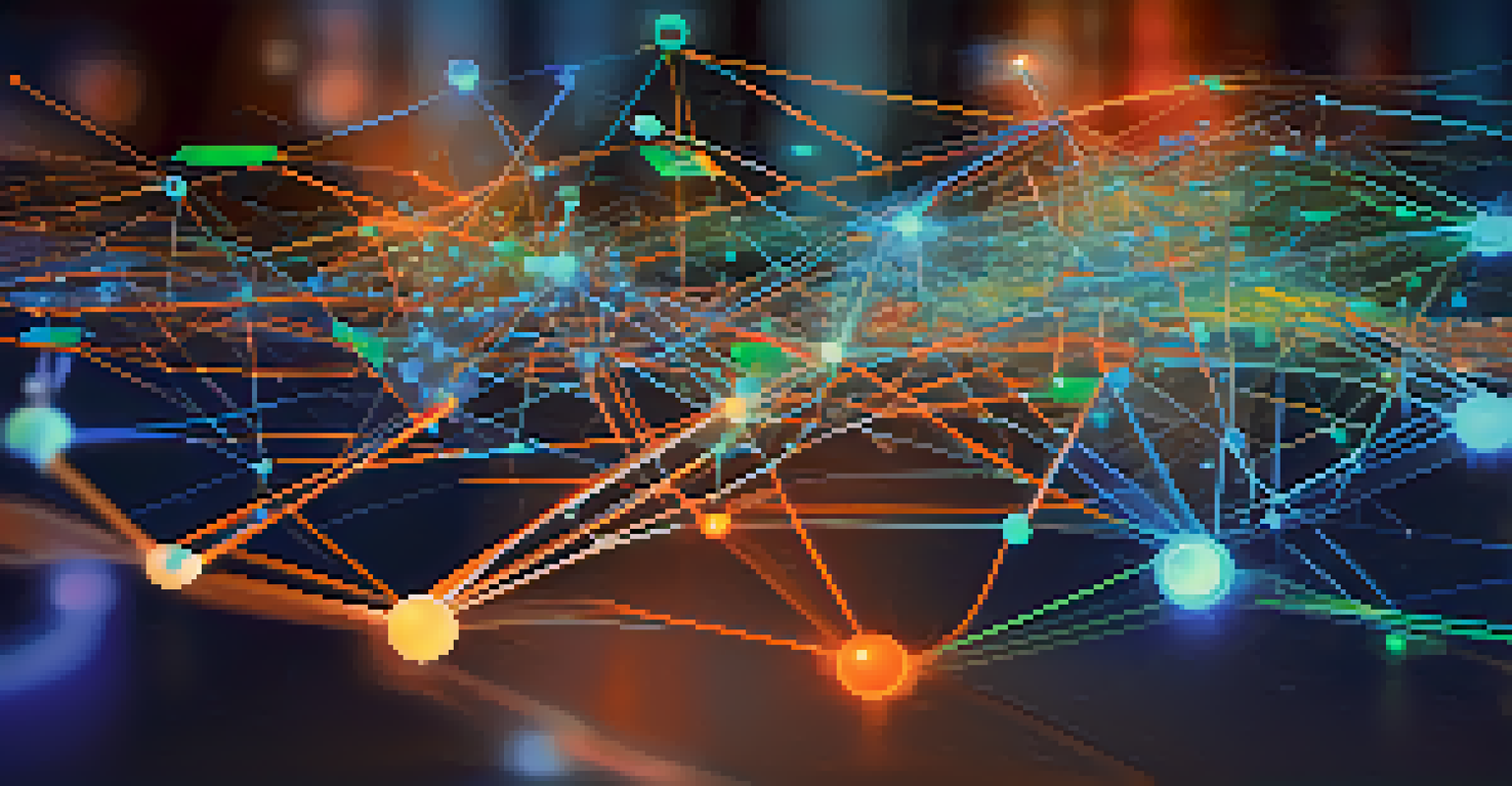 An abstract visualization of Edge AI with data flowing between interconnected nodes in bright colors.