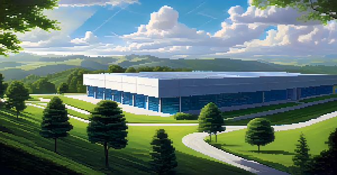 A modern cloud data center surrounded by green hills under a blue sky.