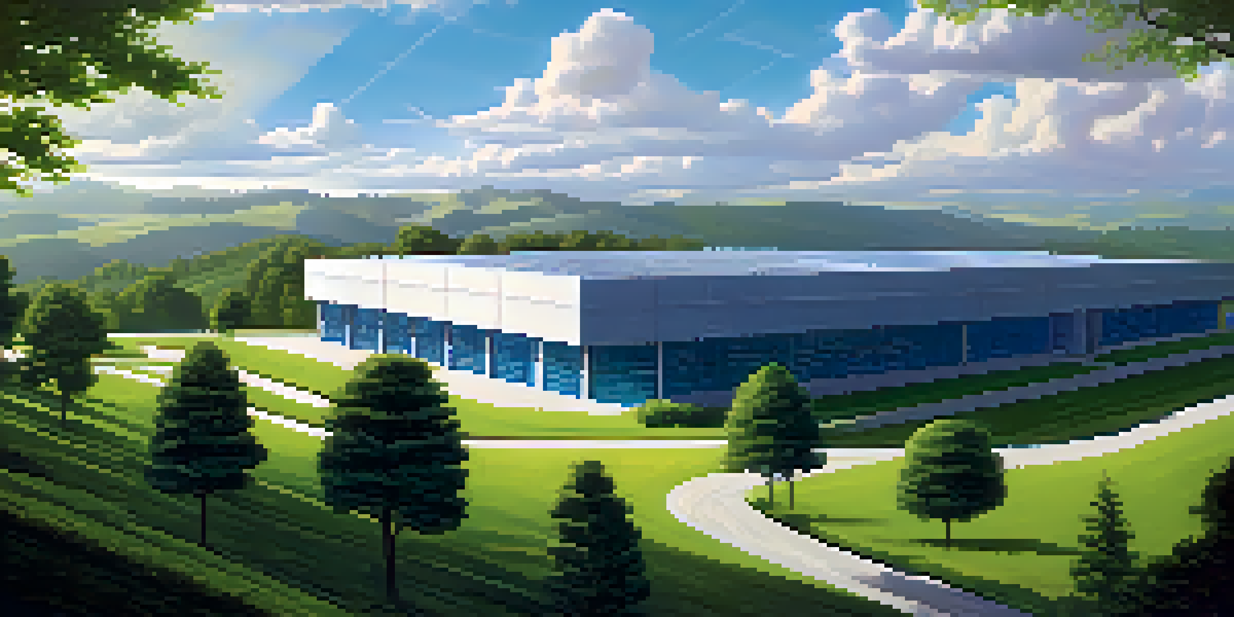 A modern cloud data center surrounded by green hills under a blue sky.