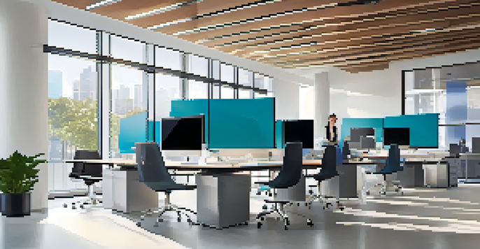 A modern office with a computer screen showing digital asset management, diverse professionals collaborating around a table, and organized folders on the desk.