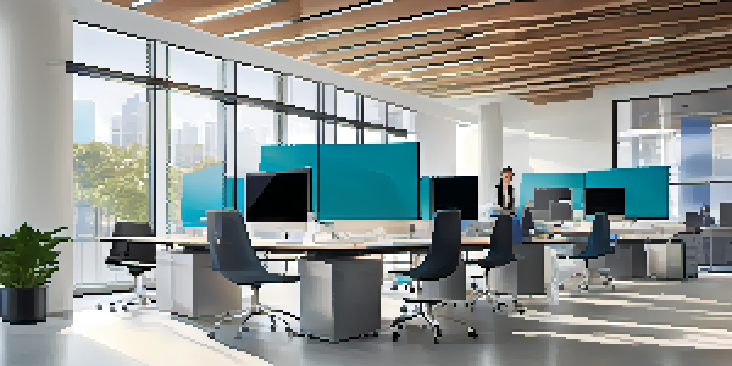 A modern office with a computer screen showing digital asset management, diverse professionals collaborating around a table, and organized folders on the desk.