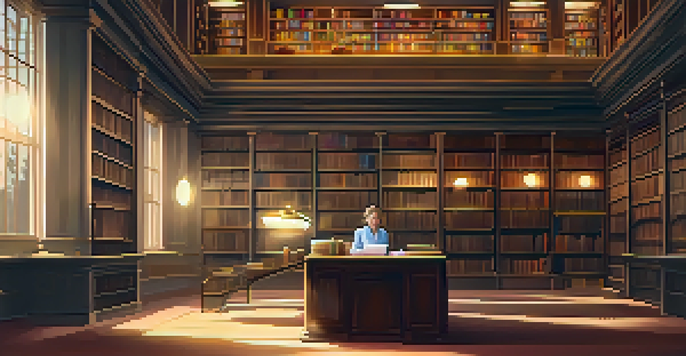 A librarian in a library surrounded by glowing orbs representing qubits and floating books under warm lighting.