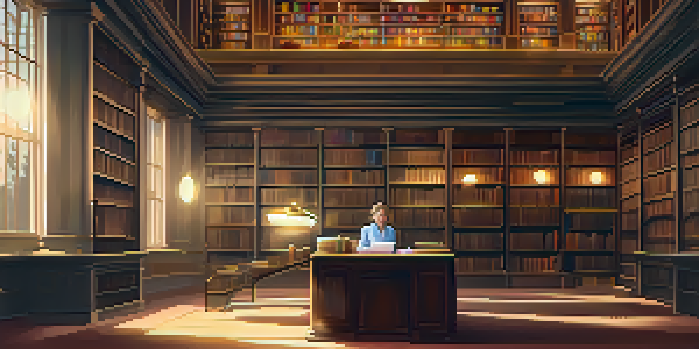 A librarian in a library surrounded by glowing orbs representing qubits and floating books under warm lighting.