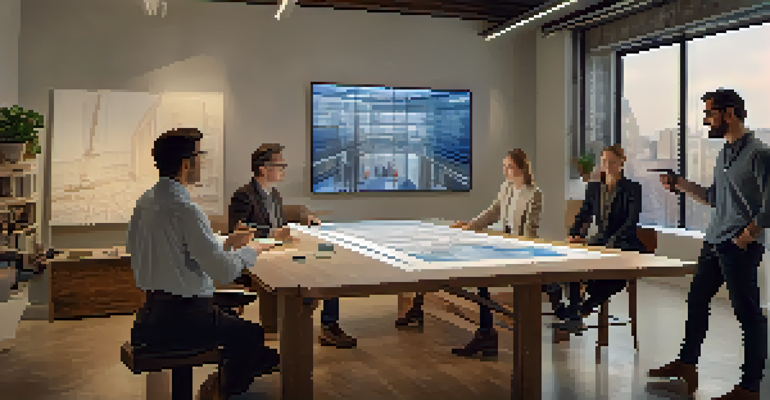 An architect's studio with a 3D building model on a screen, the architect discussing it with clients, surrounded by blueprints and design materials.