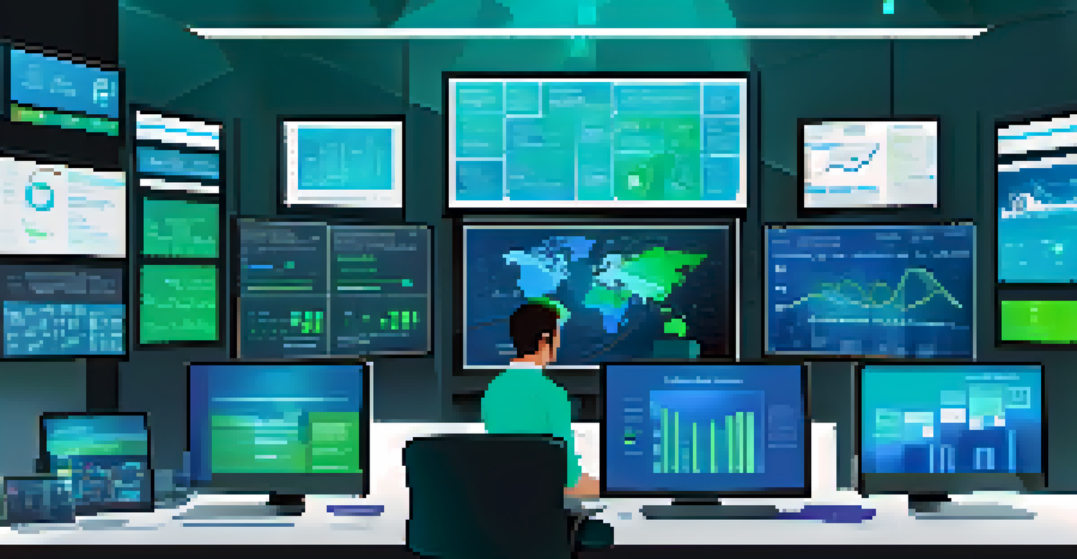 A modern digital workspace with multiple screens displaying data analytics and AI algorithms.