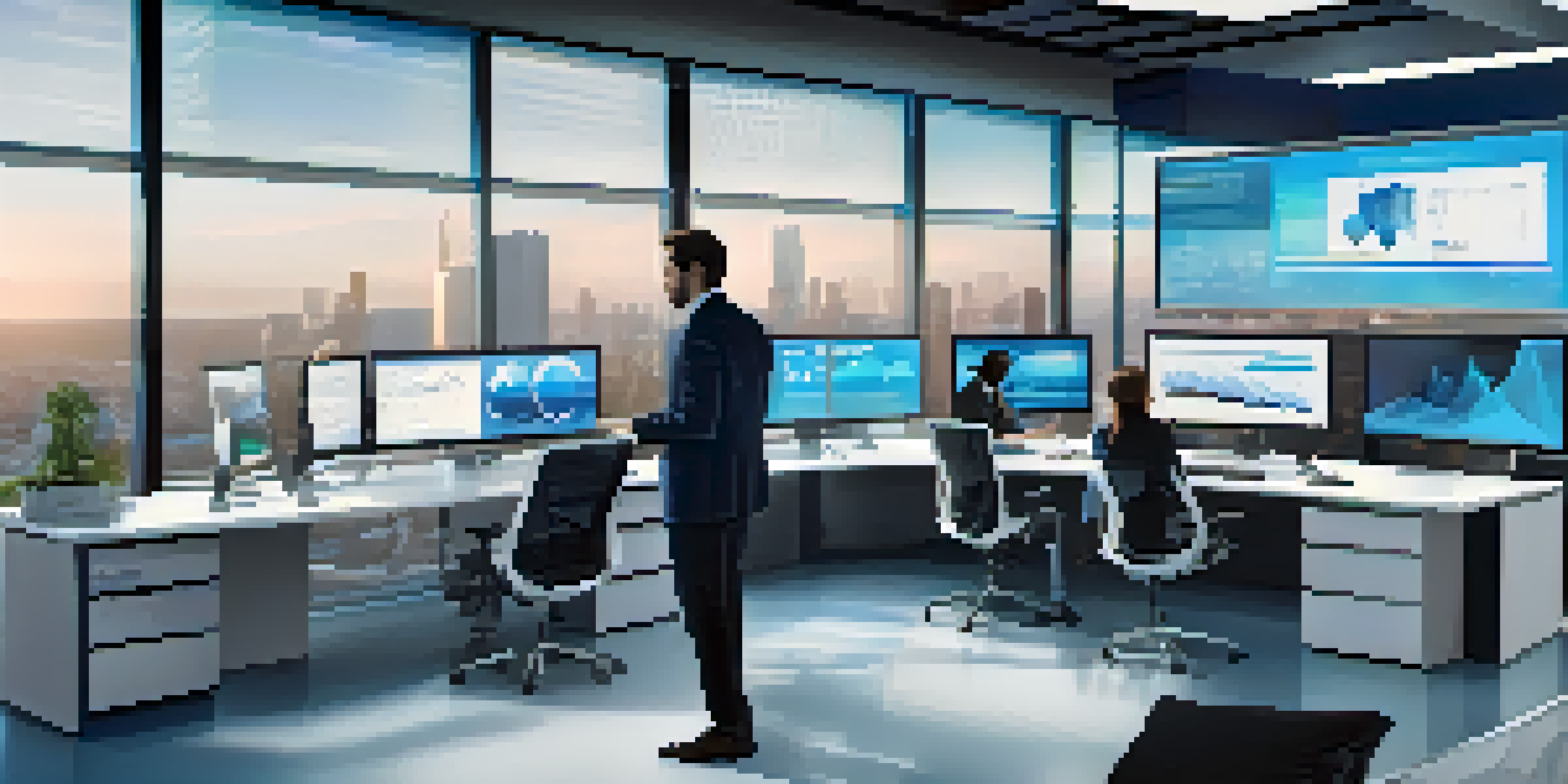 A modern office with a digital screen showing real-time data analytics, diverse employees discussing.