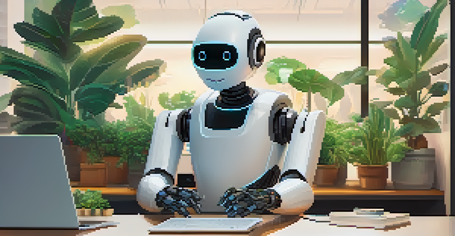 A friendly AI chatbot on a computer screen helping a user in a bright office with plants and soft lighting, promoting a supportive atmosphere for privacy management.