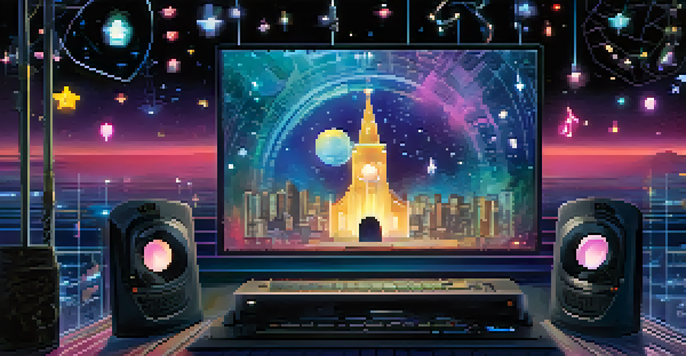 A digital landscape with a glowing lock surrounded by musical notes and film reels against a starry background.