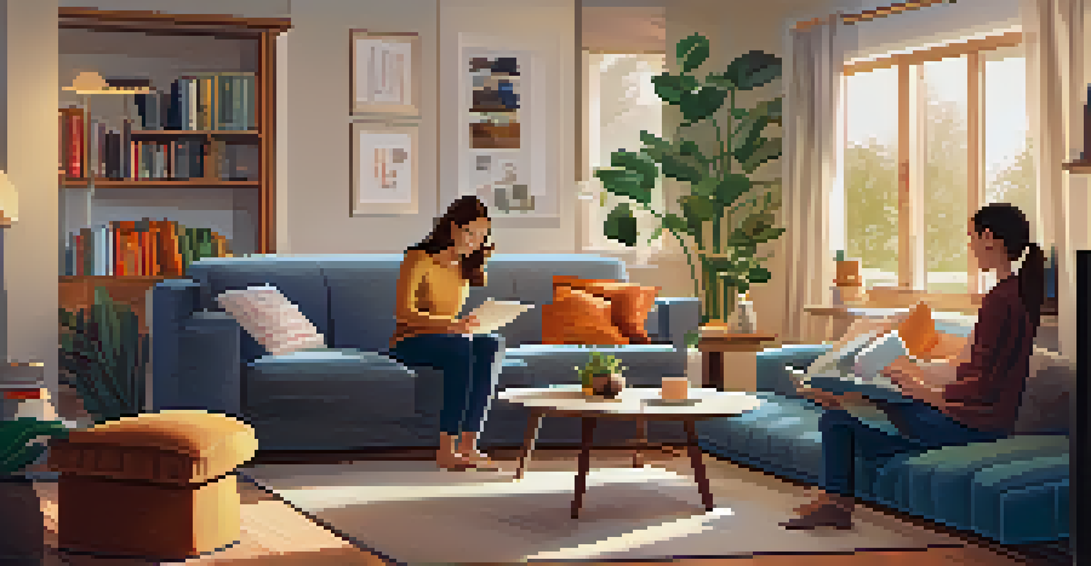 A cozy living room with a family interacting with a smart speaker, featuring a comfortable sofa and a coffee table with books and a tablet.