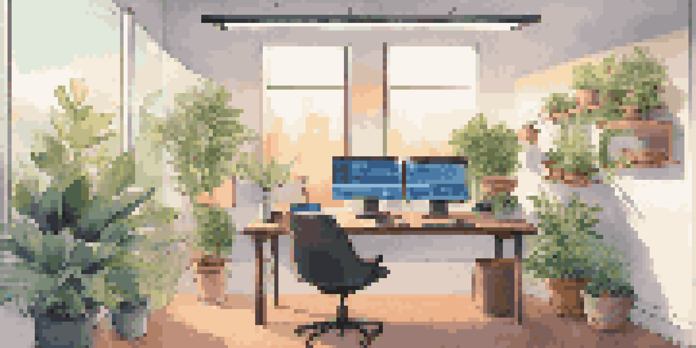A modern office desk with a computer showing a SaaS backup interface, surrounded by green plants and warm lighting.