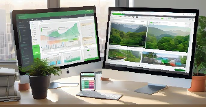 A computer screen showing a digital asset management dashboard with categorized media files, set in a bright and organized workspace.