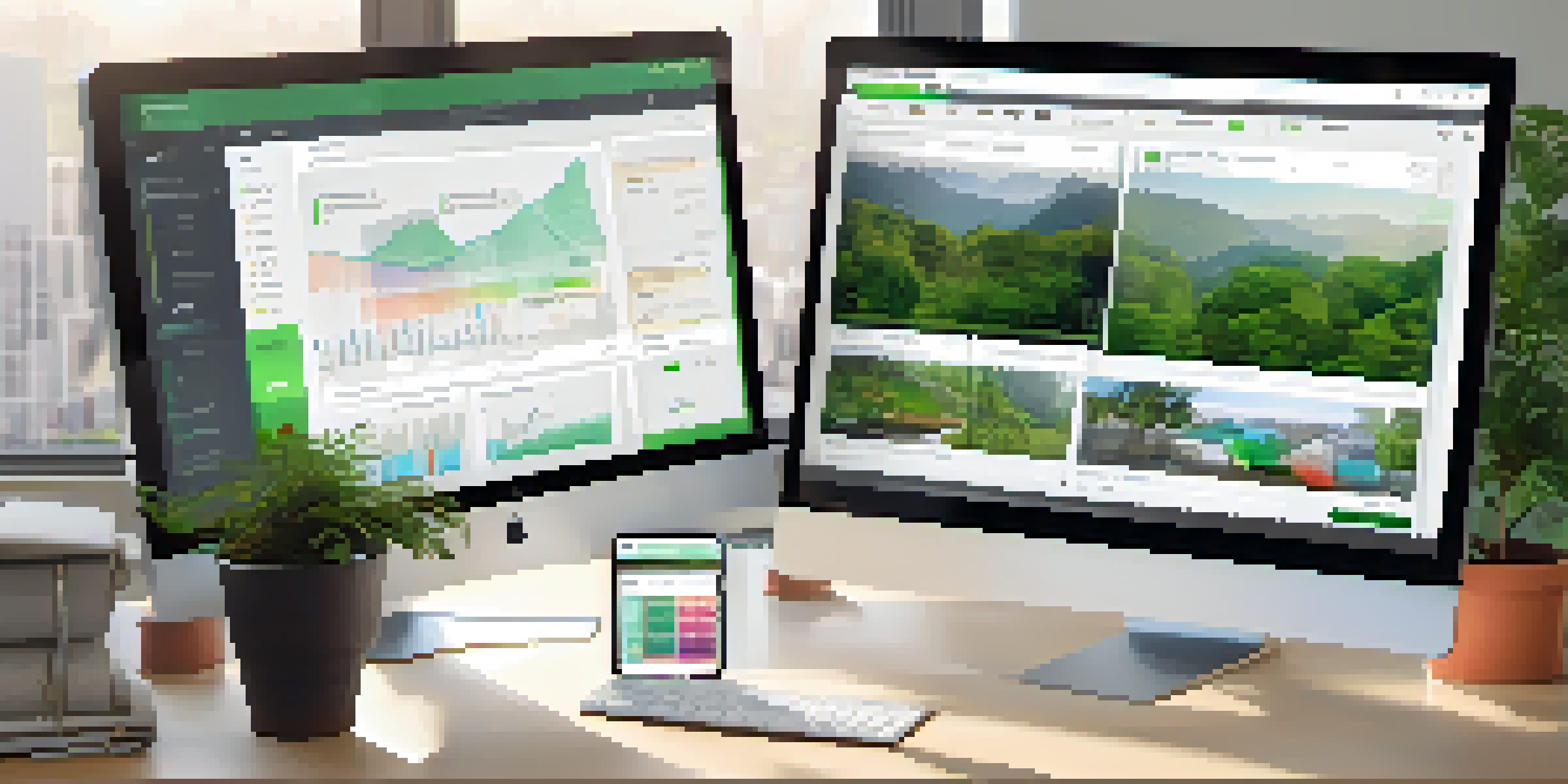 A computer screen showing a digital asset management dashboard with categorized media files, set in a bright and organized workspace.