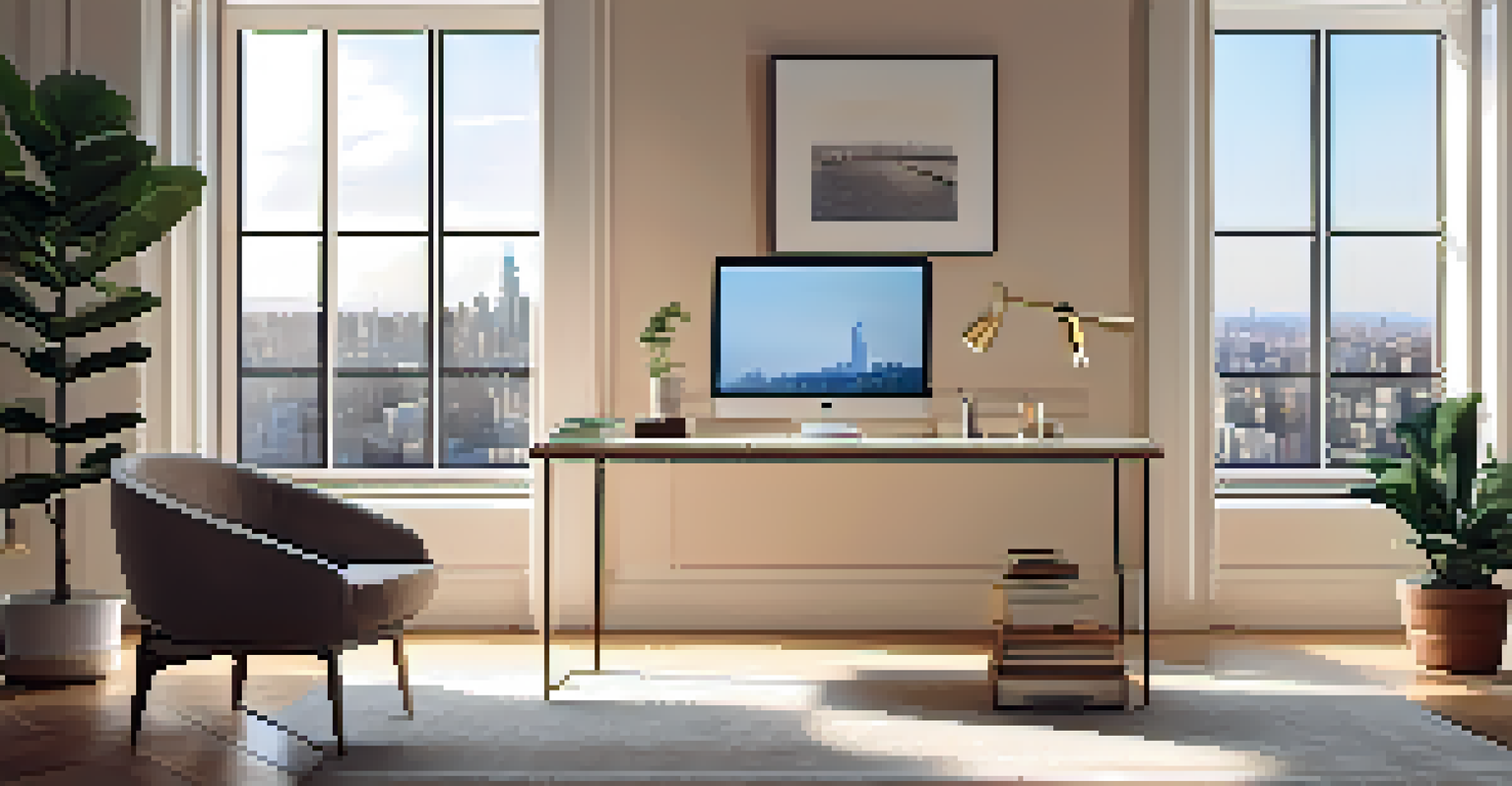 A stylish home office with a laptop on a desk, a potted plant, and a city skyline view through a window.