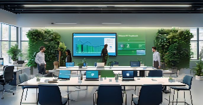 A bright modern office with a digital supply chain dashboard on display, and professionals collaborating around a conference table.