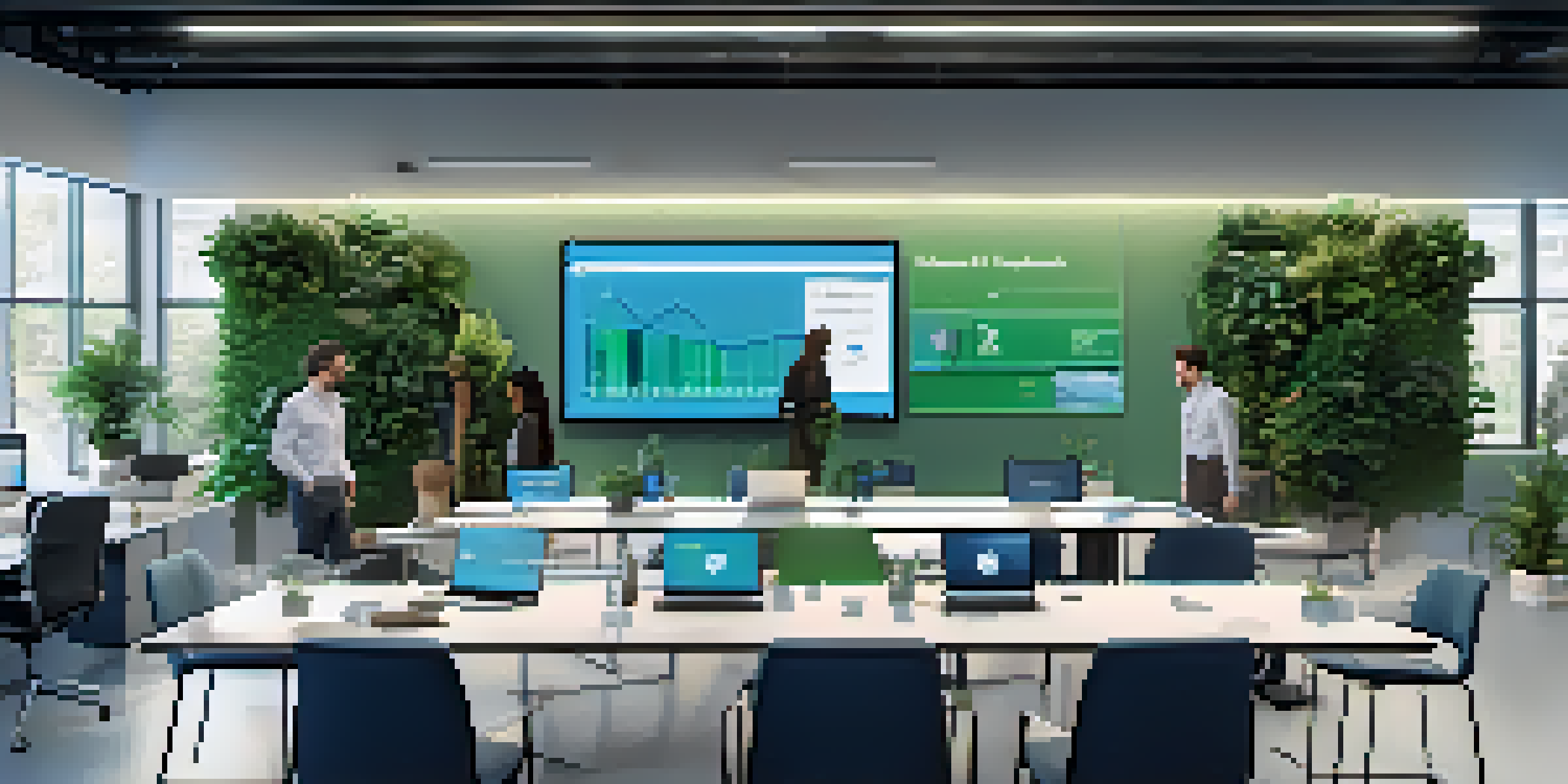 A bright modern office with a digital supply chain dashboard on display, and professionals collaborating around a conference table.