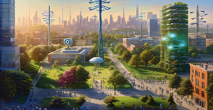 A colorful city scene with modern 5G technology integrated into the urban environment, featuring people using devices amidst green parks.