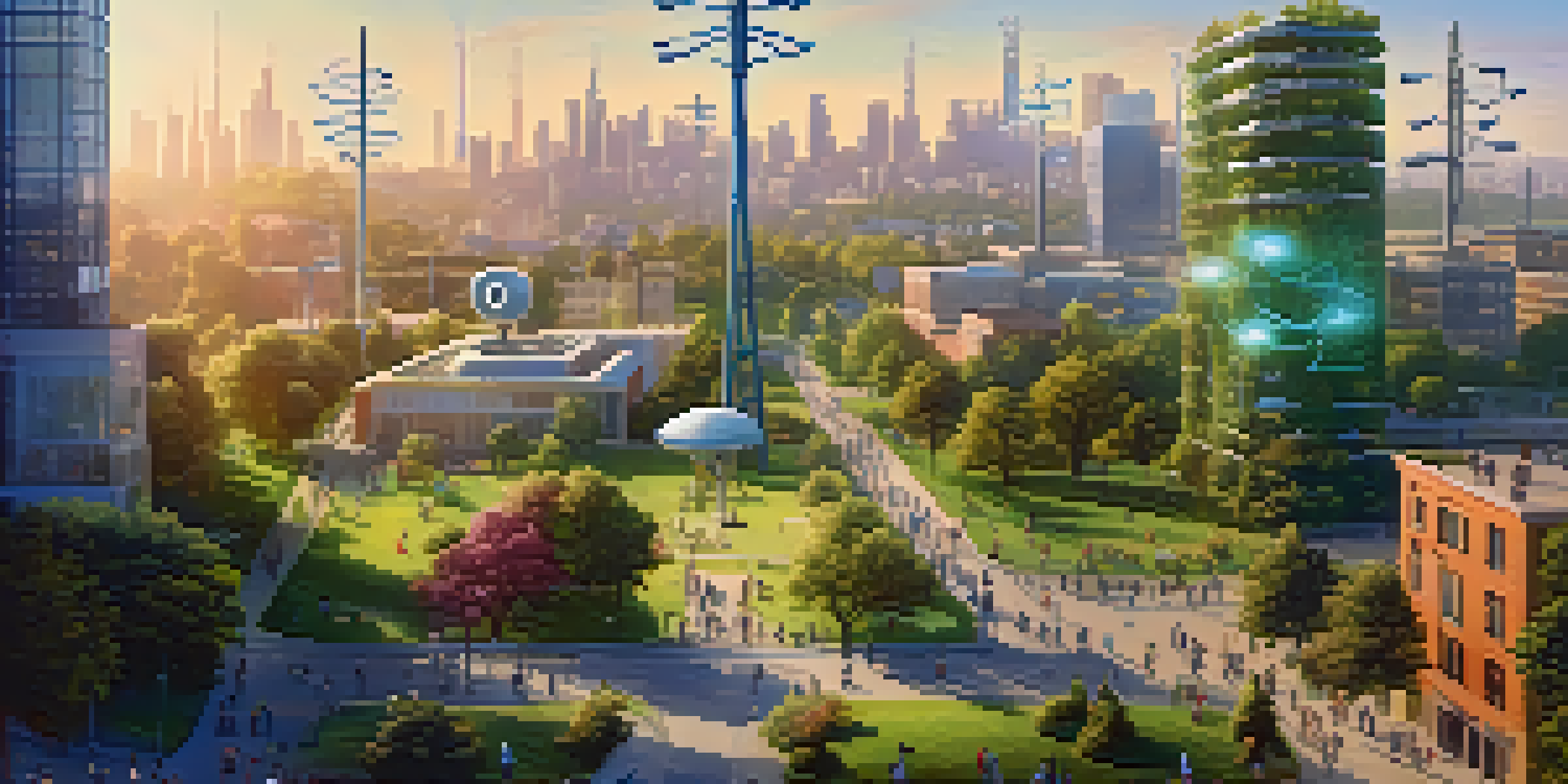 A colorful city scene with modern 5G technology integrated into the urban environment, featuring people using devices amidst green parks.
