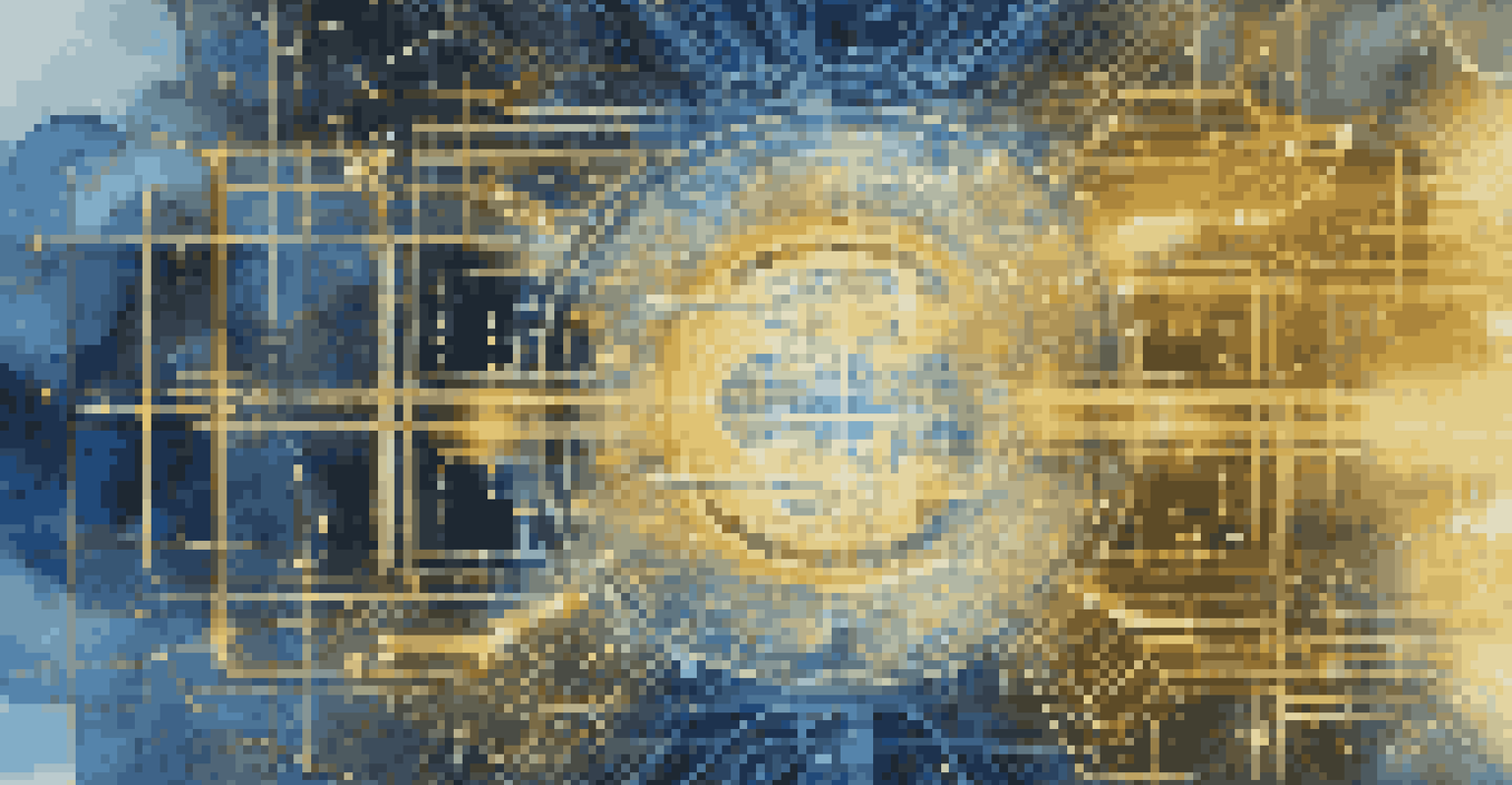 A conceptual image showing the relationship between quantum computing and blockchain with flowing data streams between them.