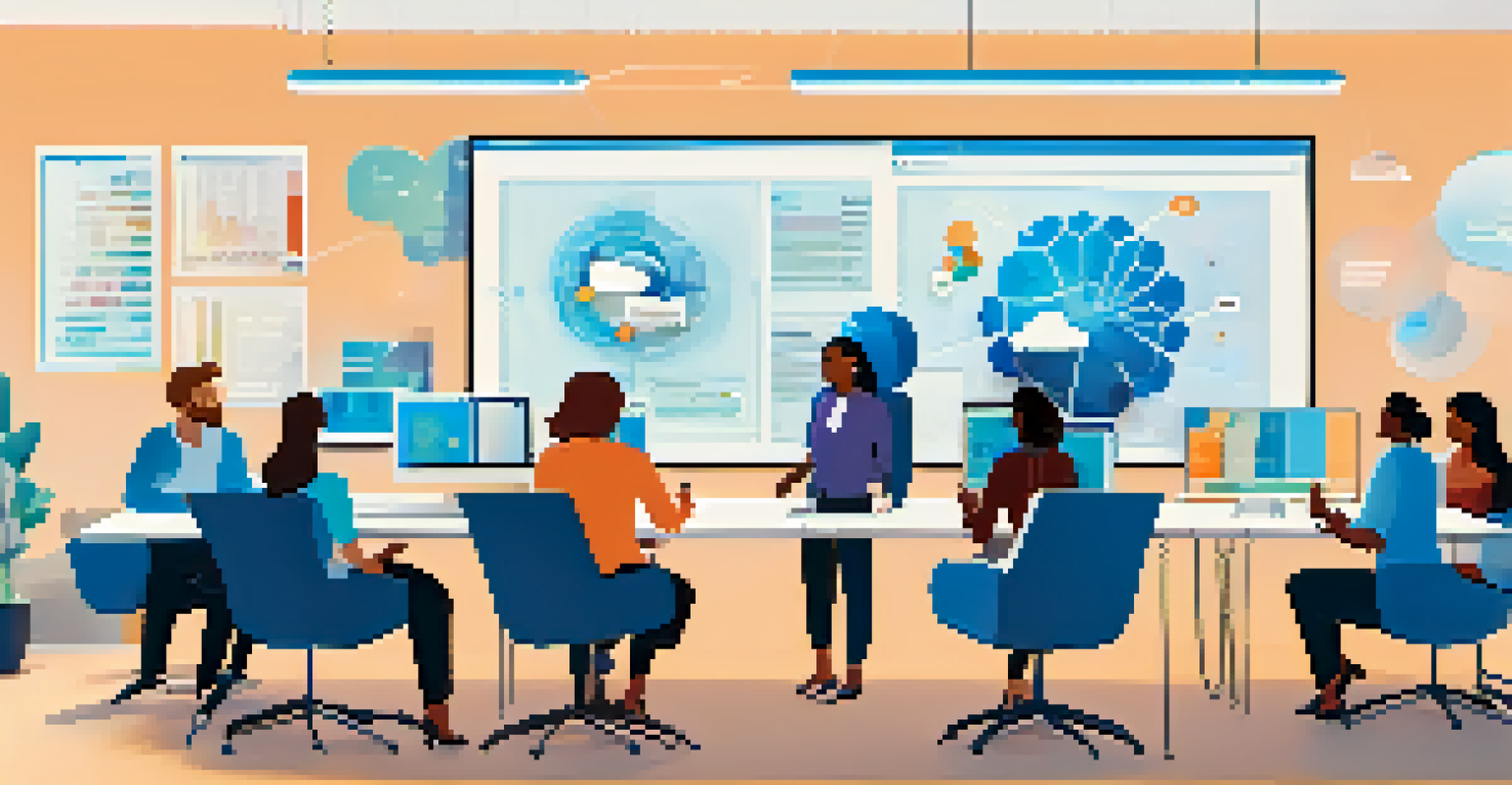 A diverse team of professionals collaborating around a touchscreen display in a bright workspace, showcasing a cloud-based Digital Asset Management system.
