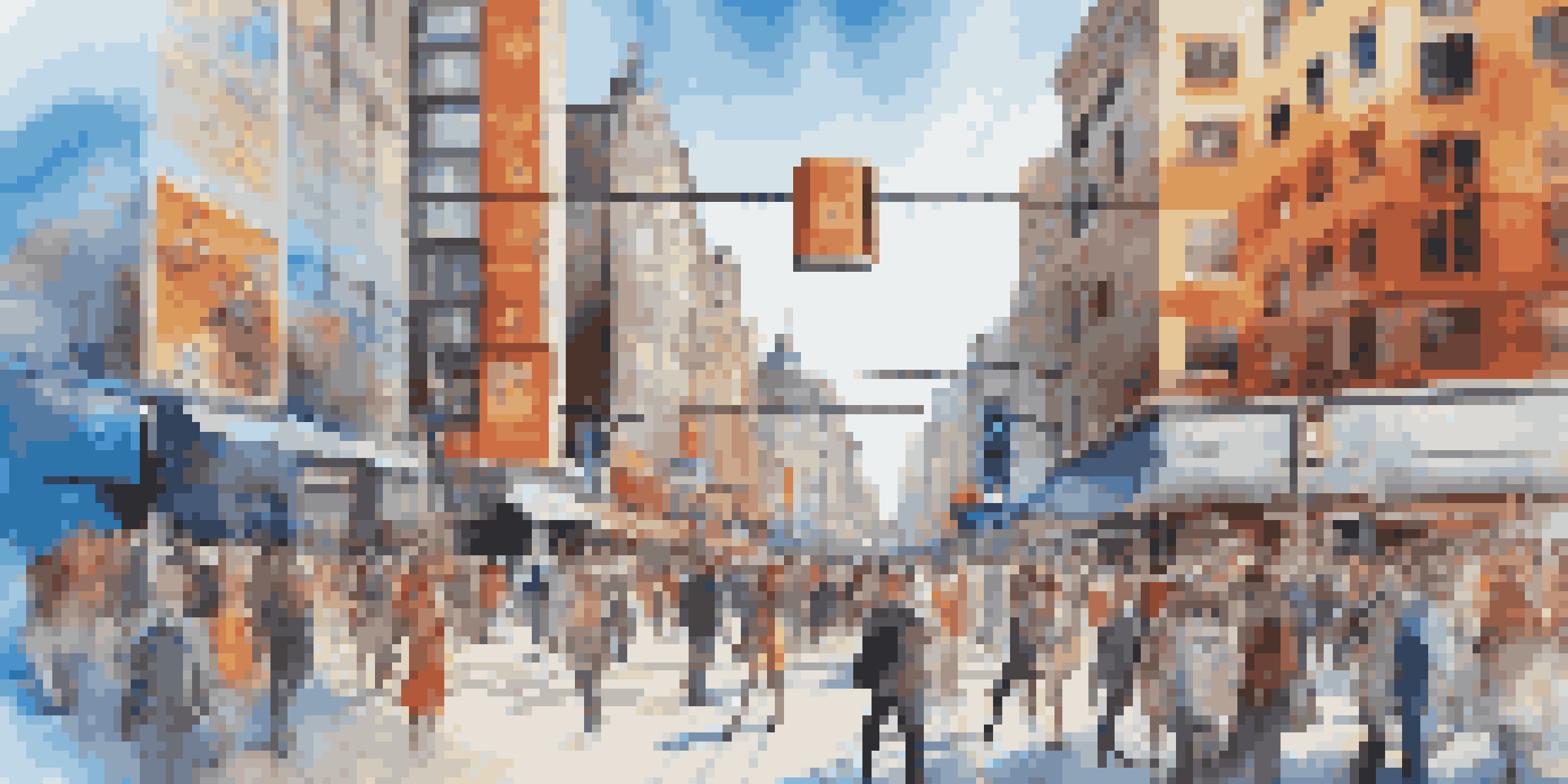 An urban street filled with people interacting with augmented reality features like floating information panels and advertisements.